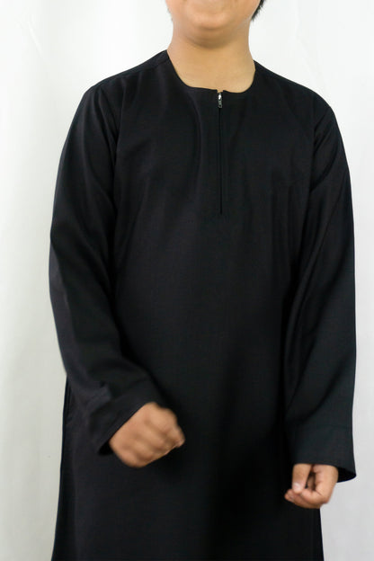 Omani Style Collarless Kids Thobe with Zip- Black-almanaar Islamic Store