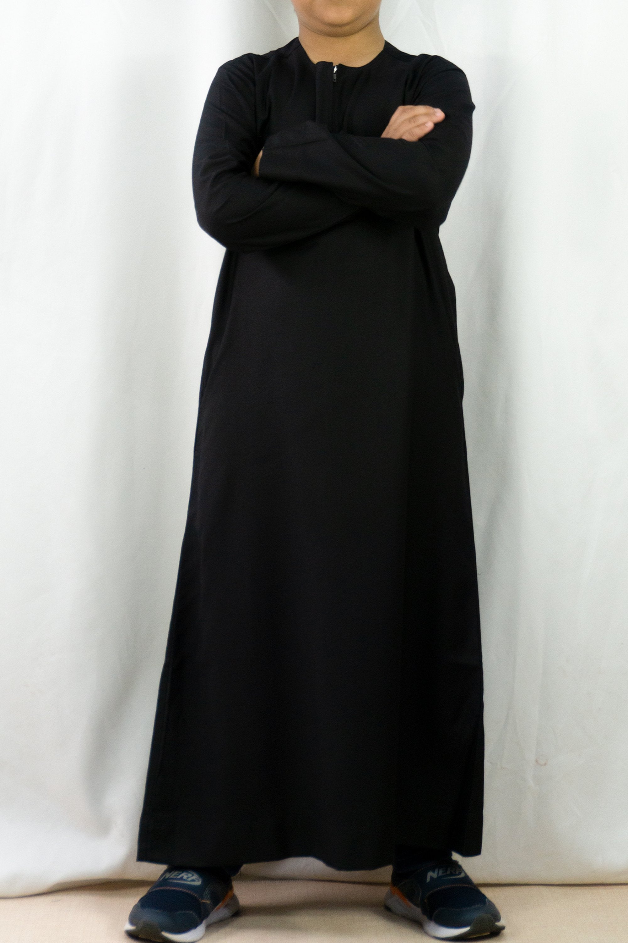 Omani Style Collarless Kids Thobe with Zip- Black-almanaar Islamic Store