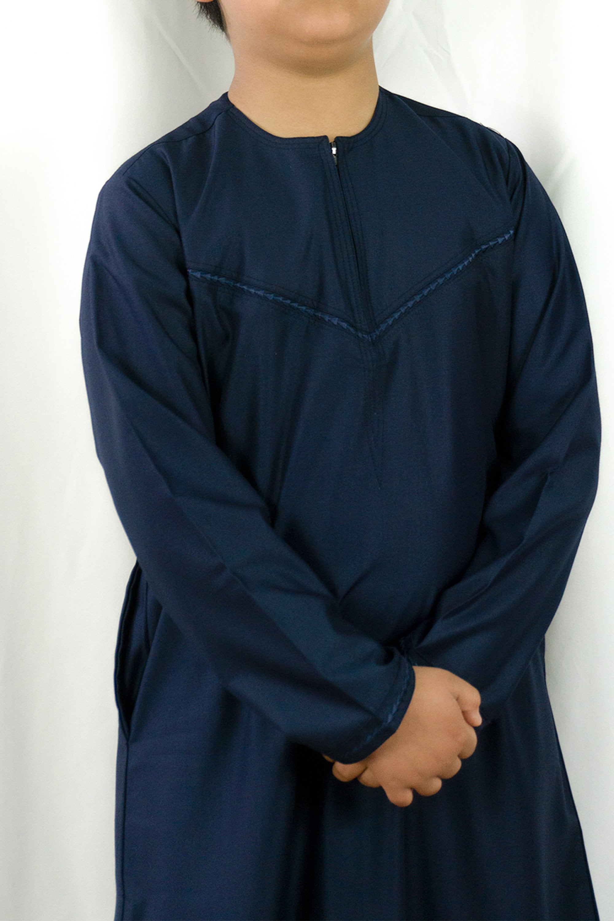 Omani Style Collarless Kids Thobe with Zip- Navy-almanaar Islamic Store