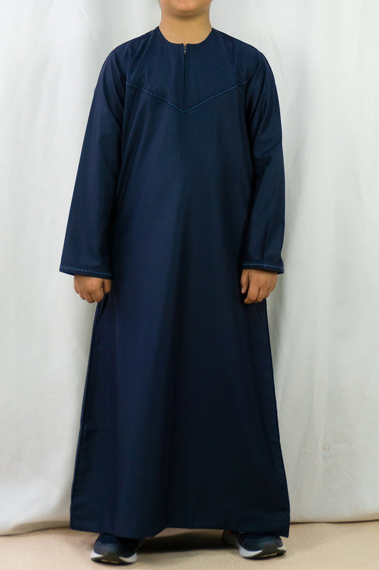 Omani Style Collarless Kids Thobe with Zip- Navy-almanaar Islamic Store