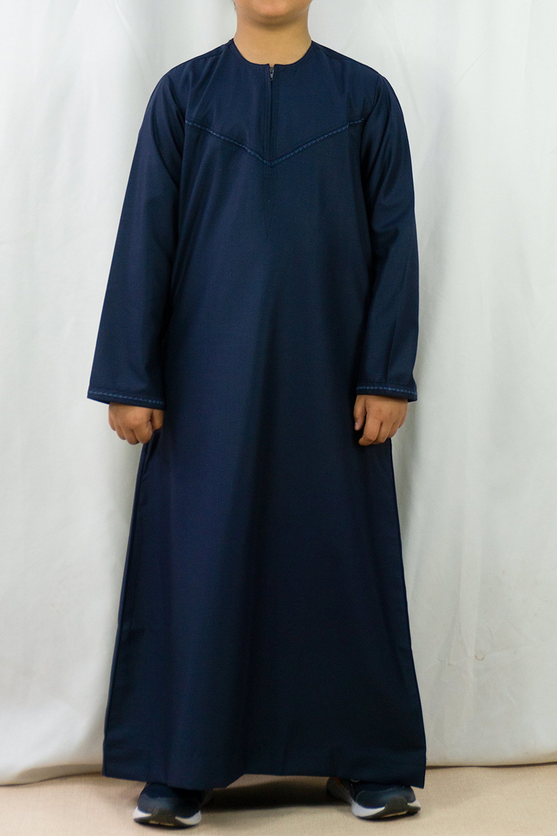 Omani Style Collarless Kids Thobe with Zip- Navy-almanaar Islamic Store