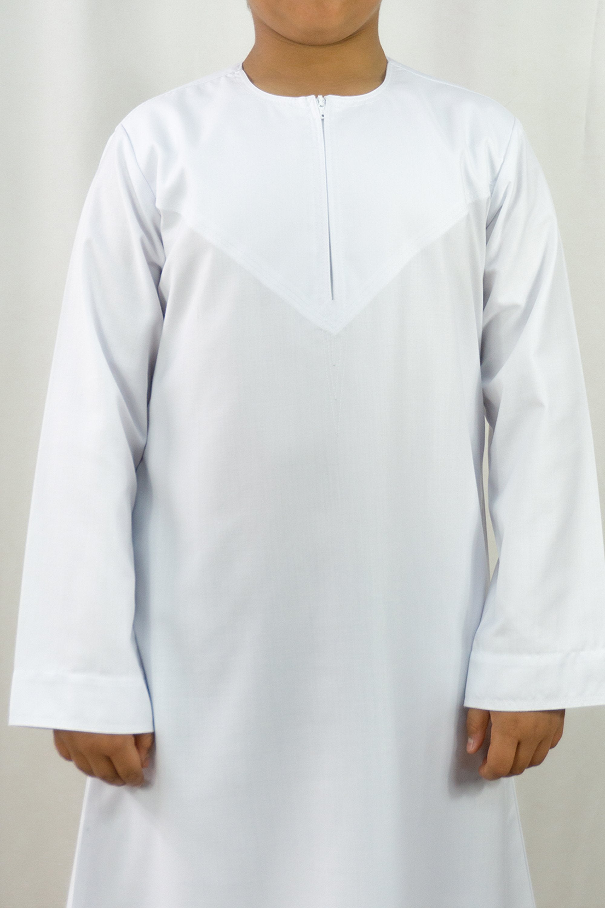 Omani Style Collarless Kids Thobe with Zip- White-almanaar Islamic Store