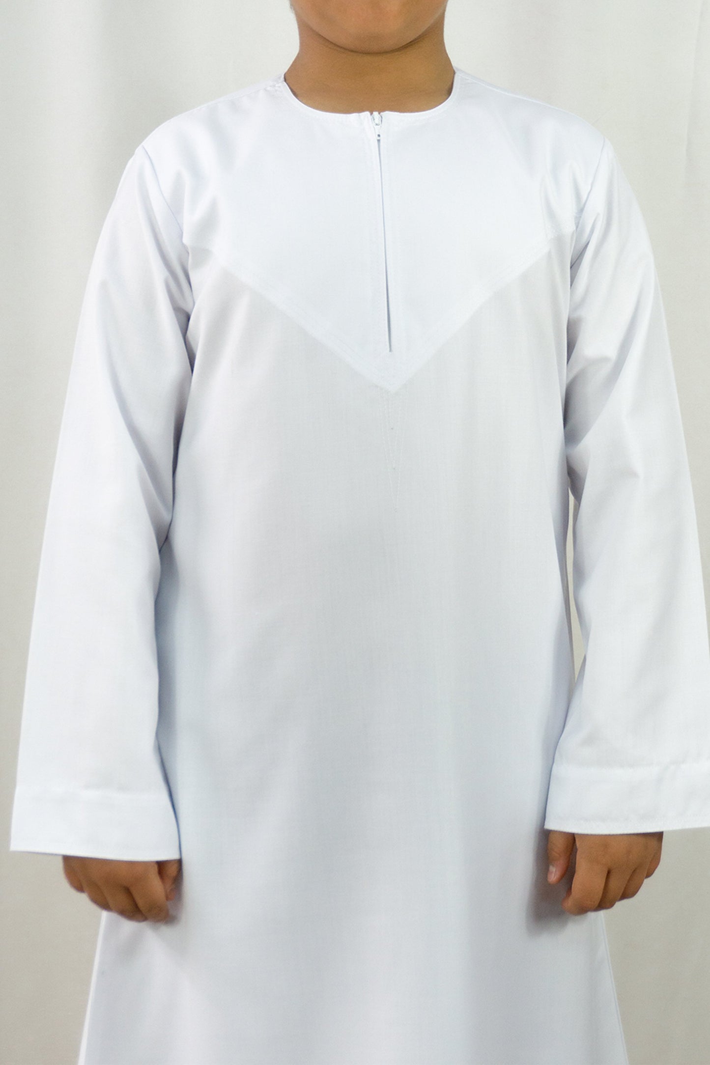 Omani Style Collarless Kids Thobe with Zip- White-almanaar Islamic Store