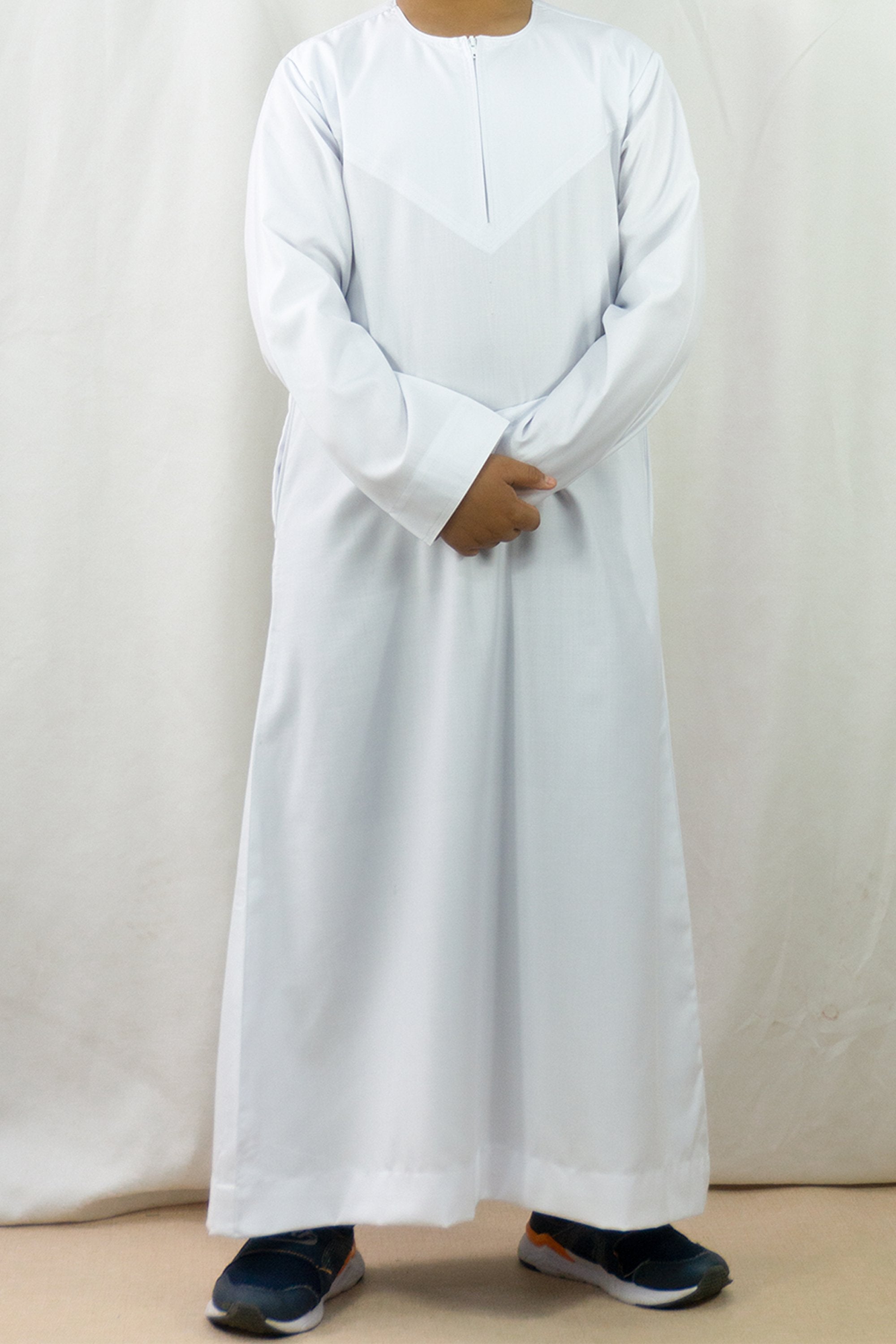 Omani Style Collarless Kids Thobe with Zip- White-almanaar Islamic Store