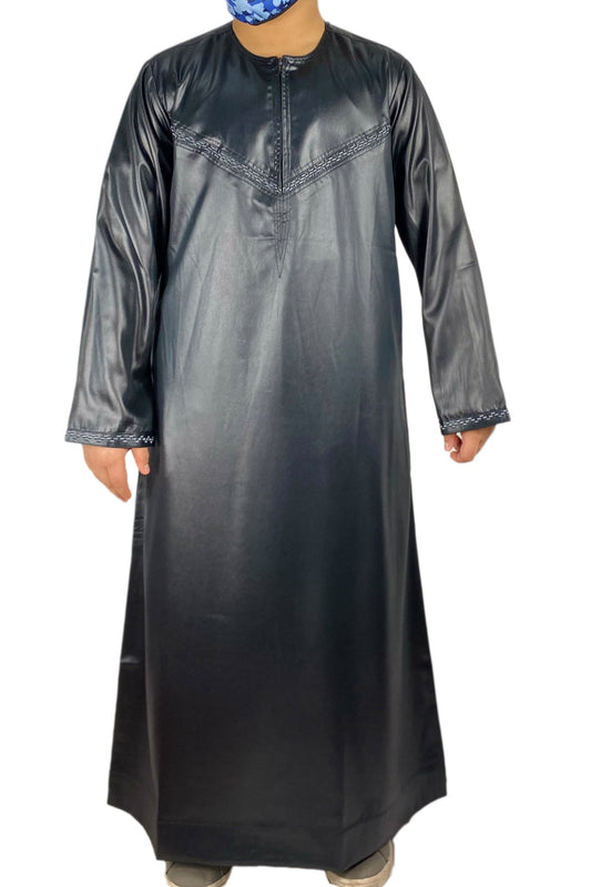 Omani Style Shiny Collarless Kids Thobe With Zip- Black-almanaar Islamic Store