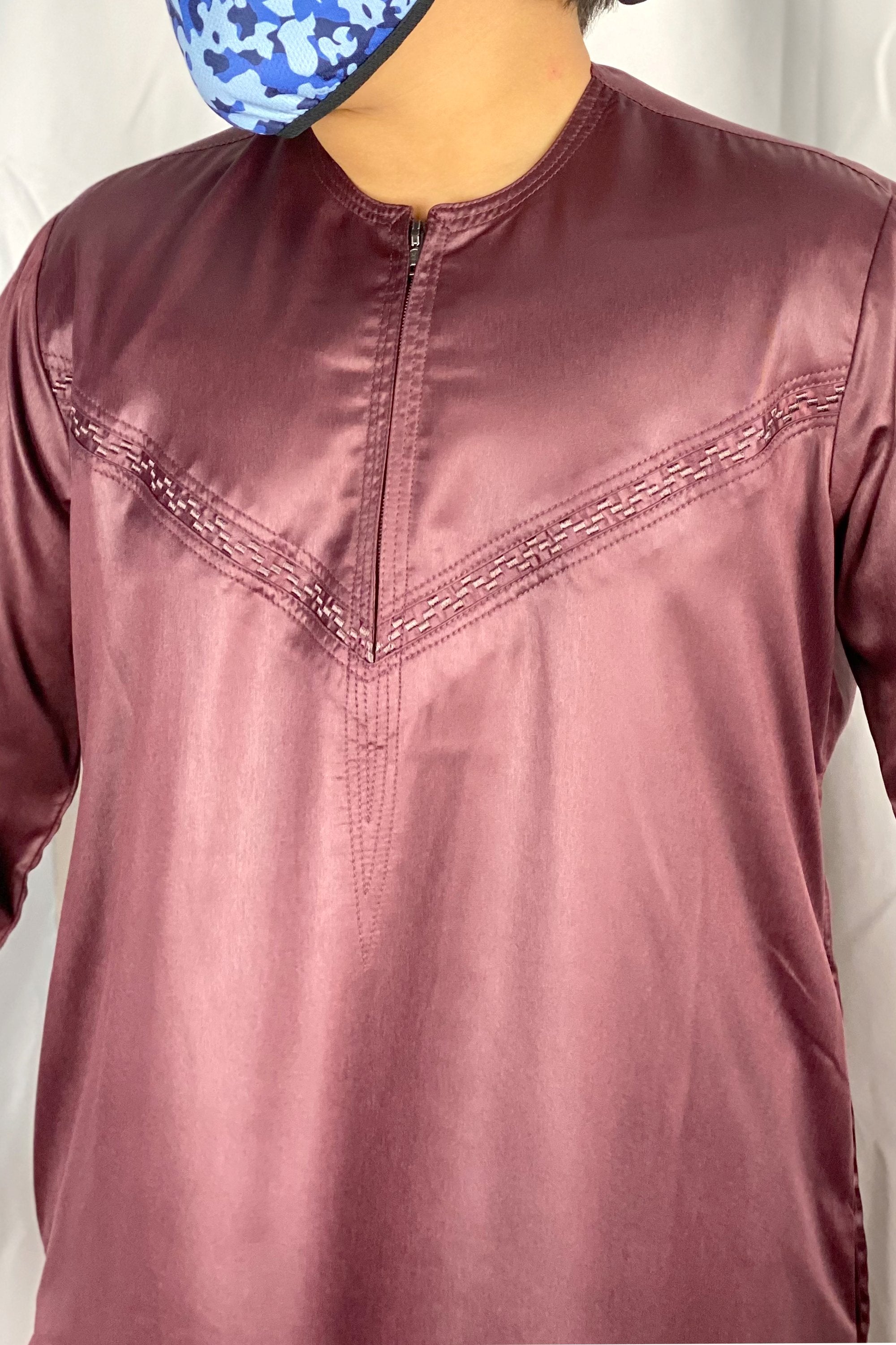 Omani Style Shiny Collarless Kids Thobe With Zip- Burgundy-almanaar Islamic Store