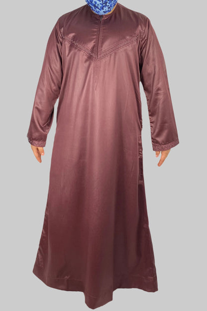 Omani Style Shiny Collarless Kids Thobe With Zip- Burgundy-almanaar Islamic Store