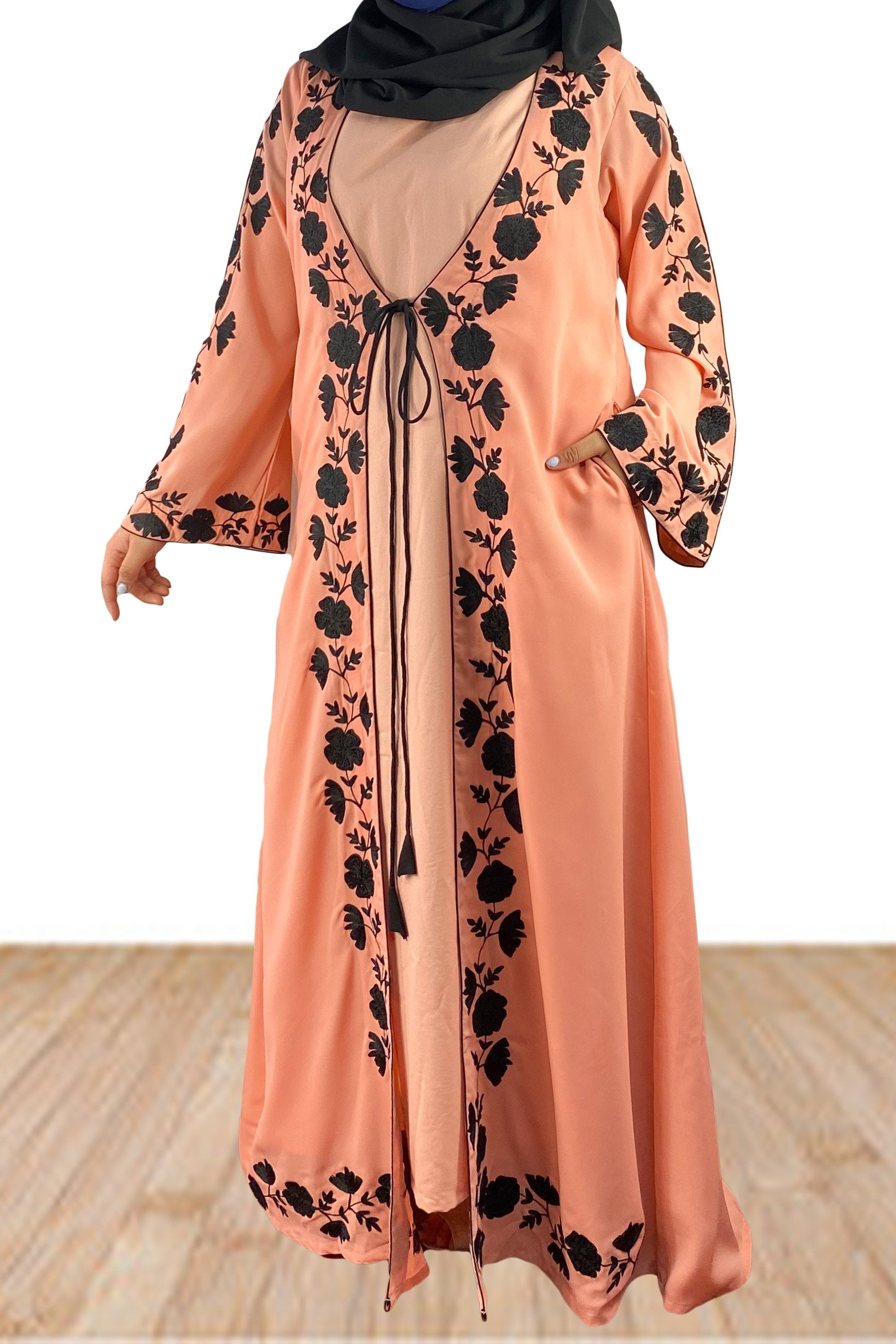 Exclusive Black Embroidered Two Layers Open Abaya-almanaar Islamic Store