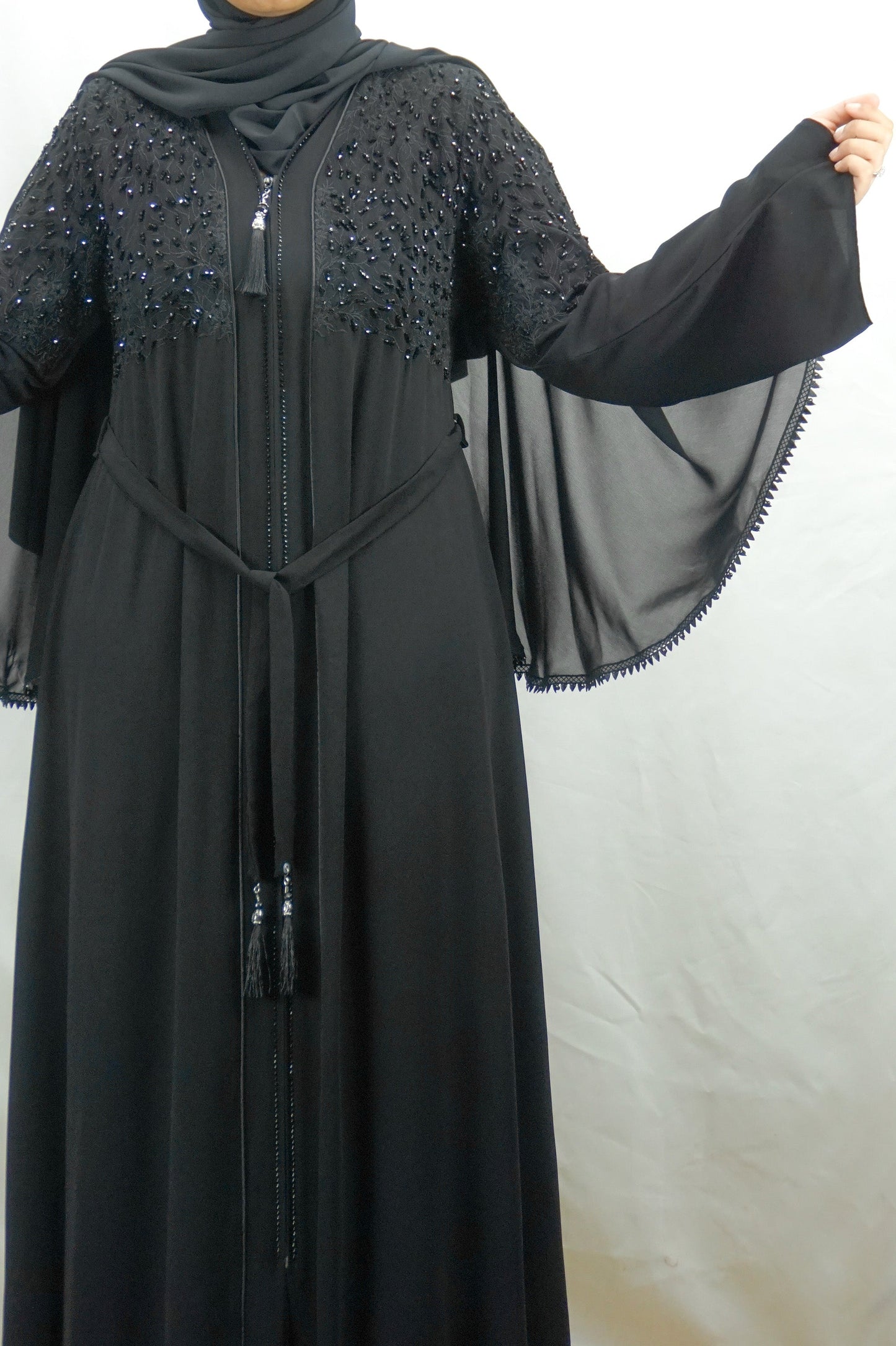 Exclusive Black On Black Embellished Front Zip Open Abaya-almanaar Islamic Store
