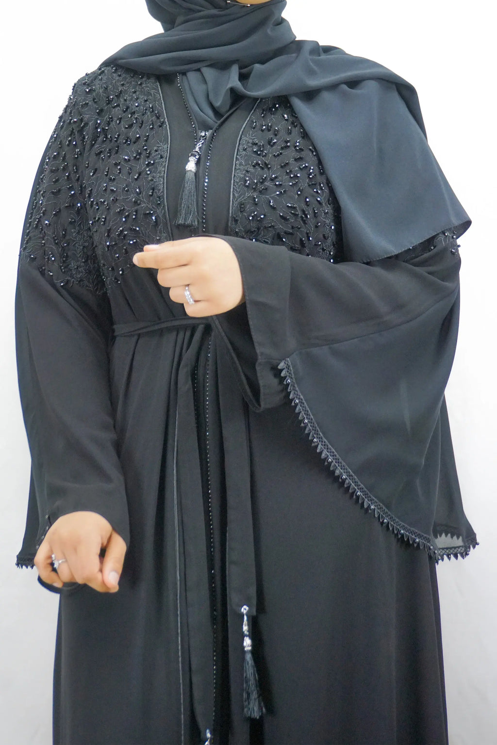 Exclusive Black On Black Embellished Front Zip Open Abaya-almanaar Islamic Store