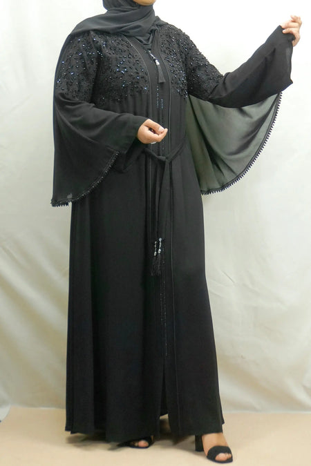 Exclusive Black On Black Embellished Front Zip Open Abaya-almanaar Islamic Store