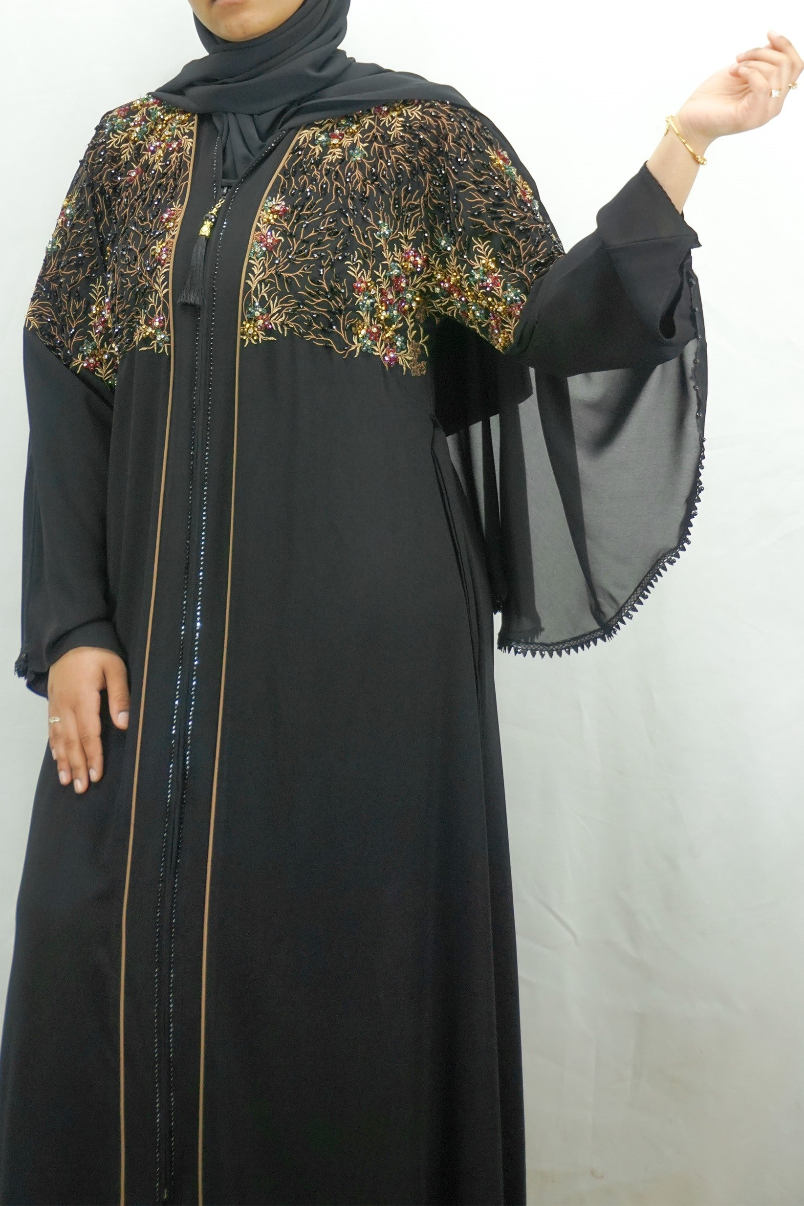 Exclusive Black On Gold Embellished Front Zip Open Abaya-almanaar Islamic Store