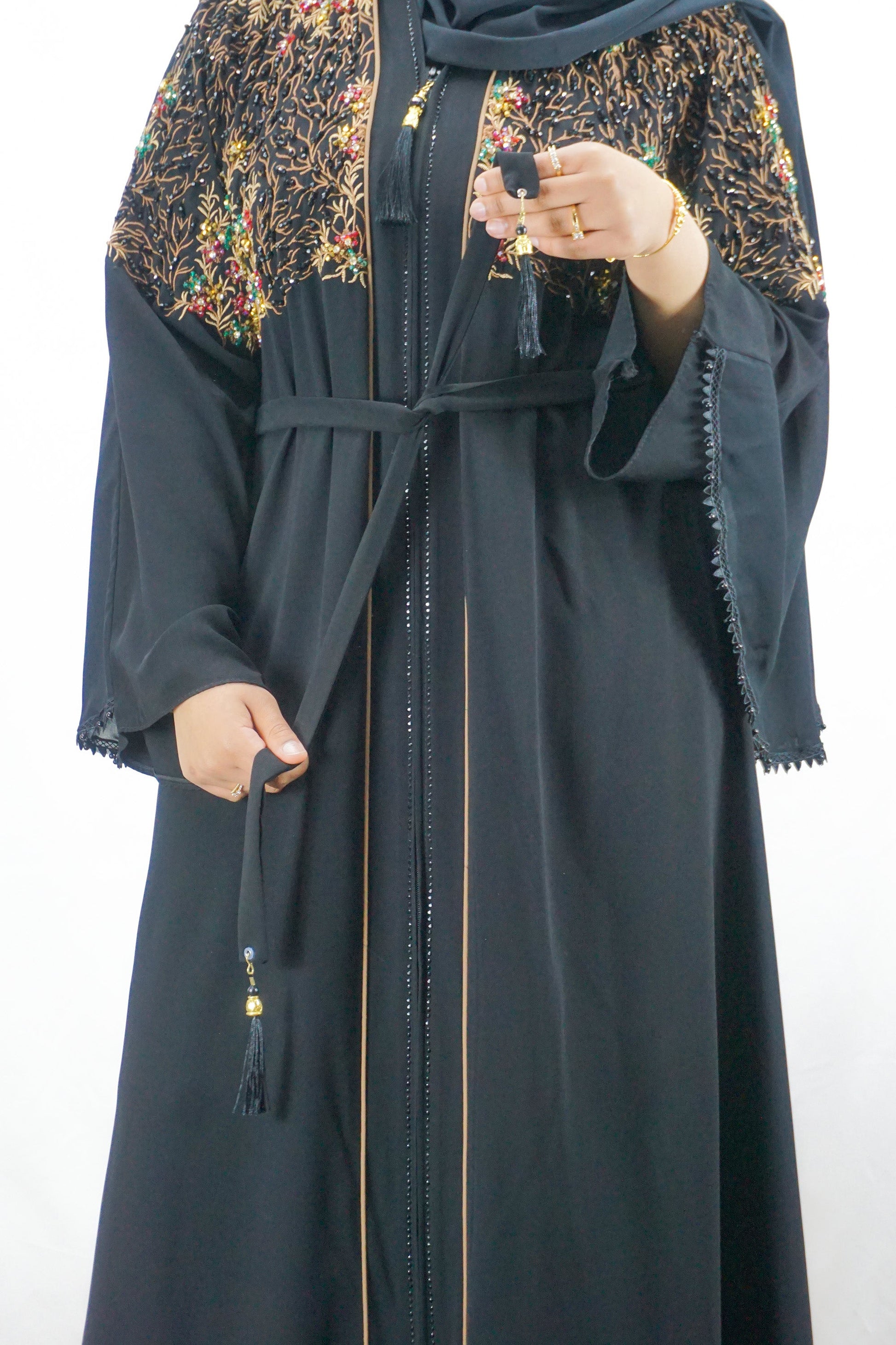 Exclusive Black On Gold Embellished Front Zip Open Abaya-almanaar Islamic Store
