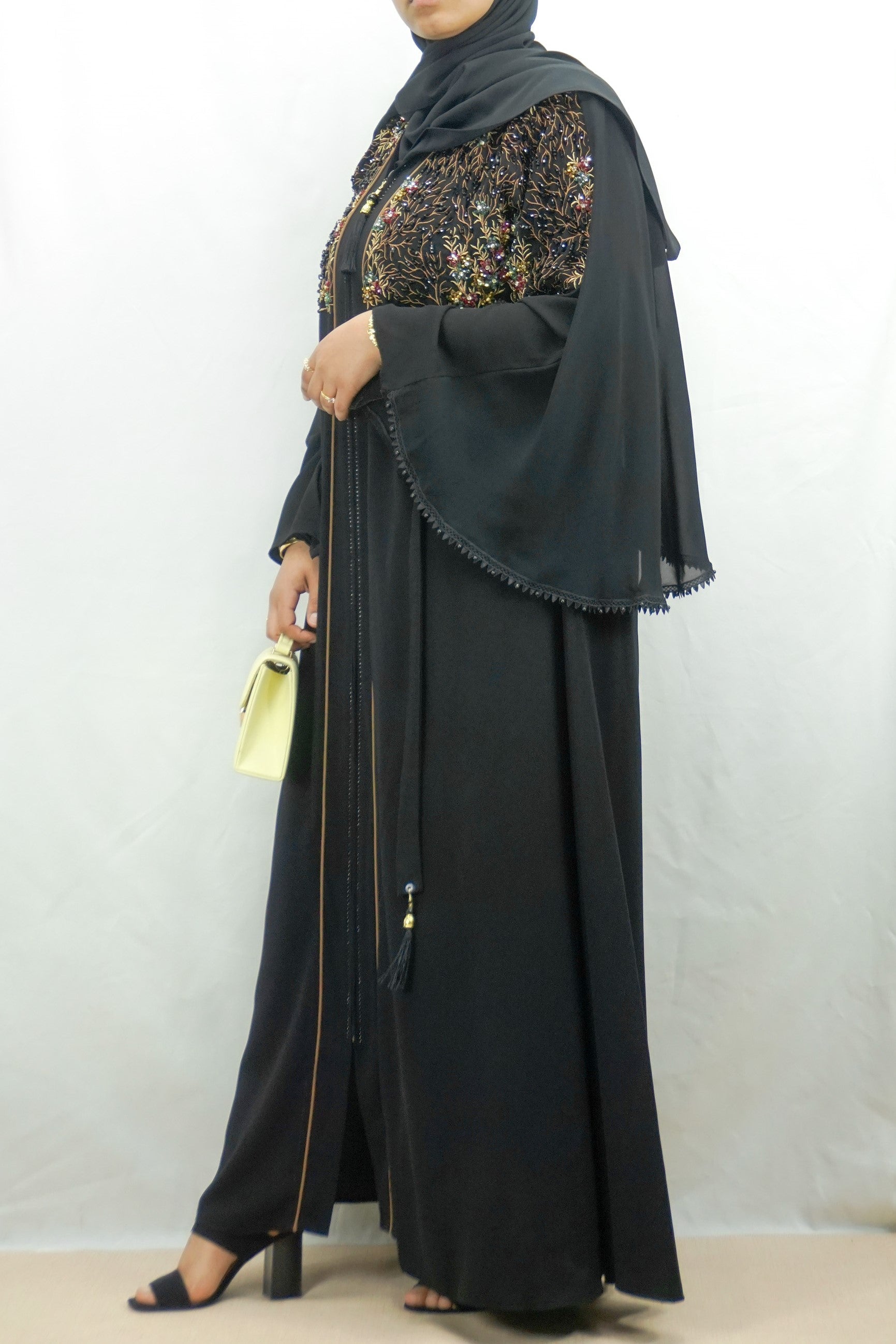 Exclusive Black On Gold Embellished Front Zip Open Abaya-almanaar Islamic Store