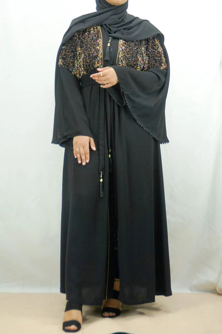 Exclusive Black On Gold Embellished Front Zip Open Abaya-almanaar Islamic Store