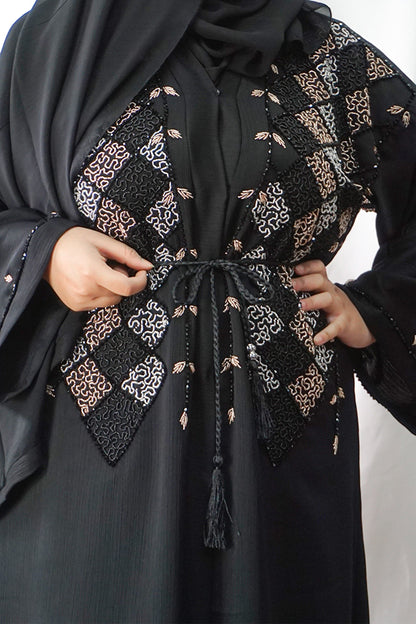 Exclusive Rich Black Embellished Open Abaya-almanaar Islamic Store