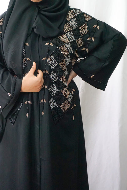 Exclusive Rich Black Embellished Open Abaya-almanaar Islamic Store