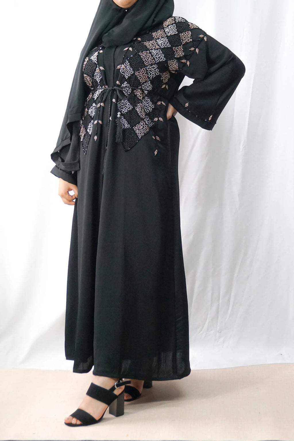 Exclusive Rich Black Embellished Open Abaya-almanaar Islamic Store