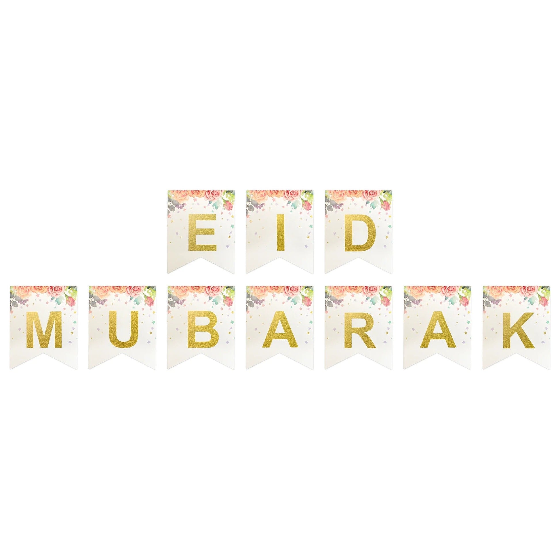 Floral Eid Mubarak Gold Lettering Card Pennant Bunting - 2 meters-almanaar Islamic Store