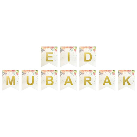 Eid Mubarak Gold Lettering Card Pennant Bunting Floral - 2 meters