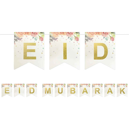 Eid Mubarak Gold Lettering Card Pennant Bunting Floral - 2 meters