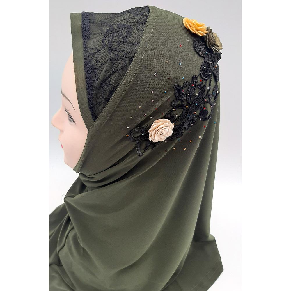 Khaki Fancy Three Flowers Design Pull on Hijab-almanaar Islamic Store