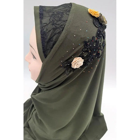 Khaki Fancy Three Flowers Design Pull on Hijab-almanaar Islamic Store