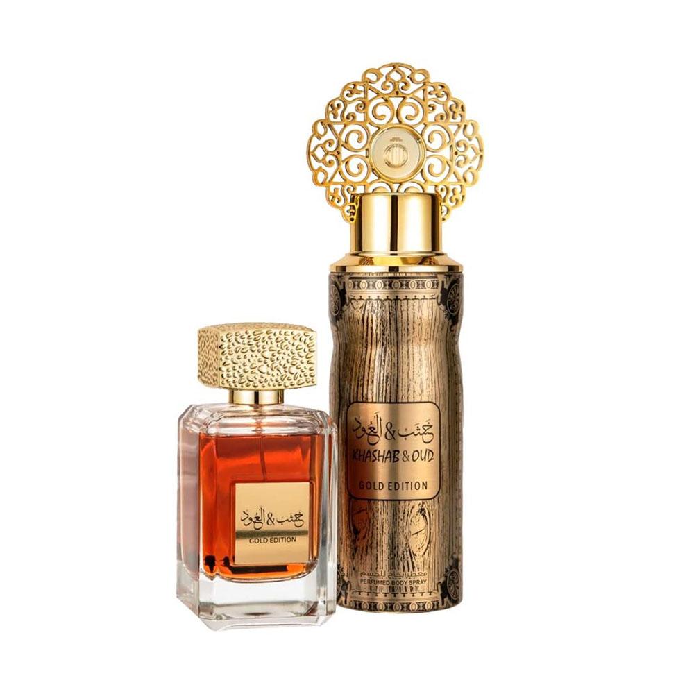 Khashab & Oud (Gold Edition) Eau De Parfum 100 ml + Perfume Spray 1 x 200 ml-almanaar Islamic Store