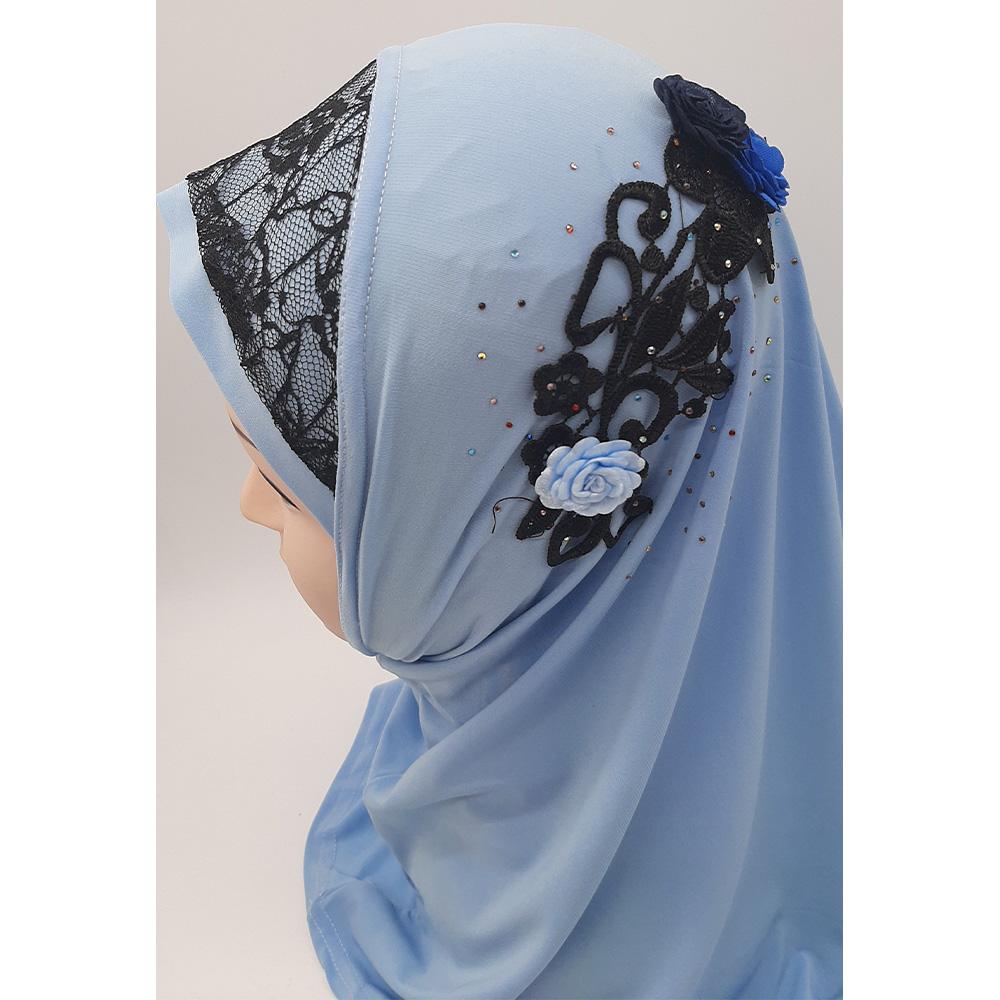 Light Blue Fancy Three Flowers Design Pull on Hijab-almanaar Islamic Store