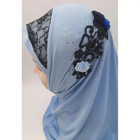 Light Blue Fancy Three Flowers Design Pull on Hijab-almanaar Islamic Store