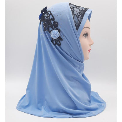 Light Blue Fancy Three Flowers Design Pull on Hijab-almanaar Islamic Store