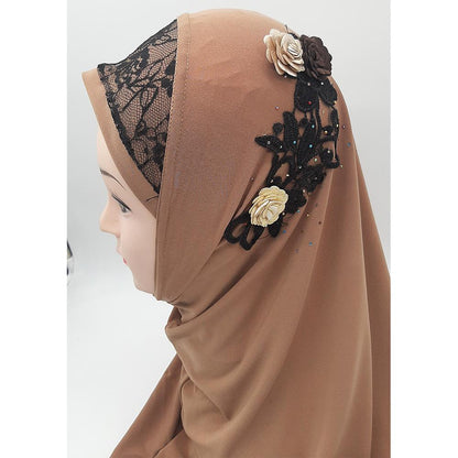 Light Brown Fancy Three Flowers Design Pull on Hijab-almanaar Islamic Store