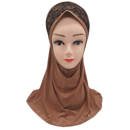 Light Brown Fancy Three Flowers Design Pull on Hijab-almanaar Islamic Store