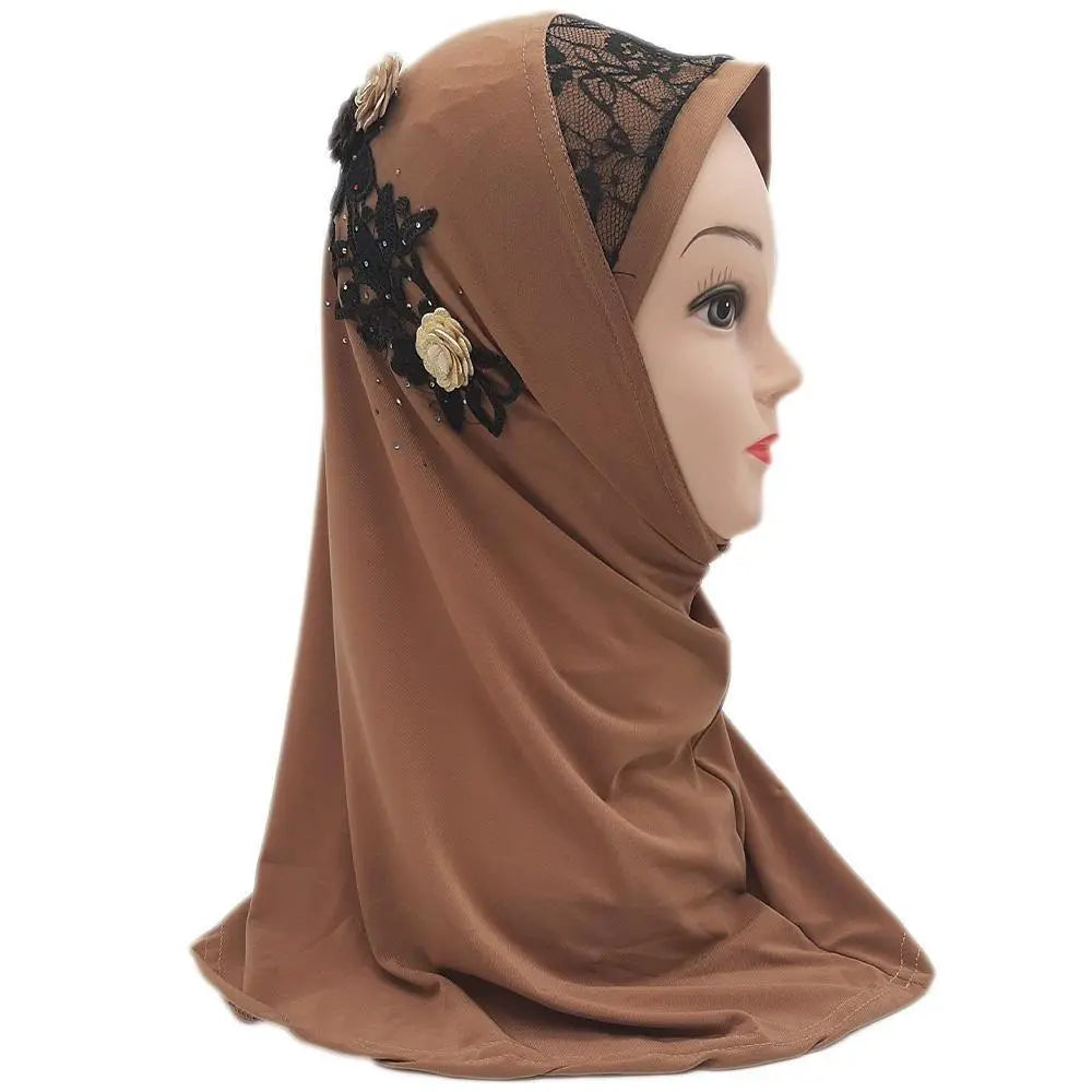 Light Brown Fancy Three Flowers Design Pull on Hijab-almanaar Islamic Store