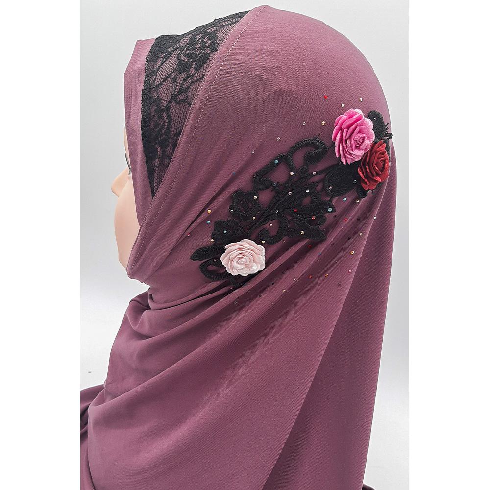 Light Purple Fancy Three Flowers Design Pull on Hijab-almanaar Islamic Store