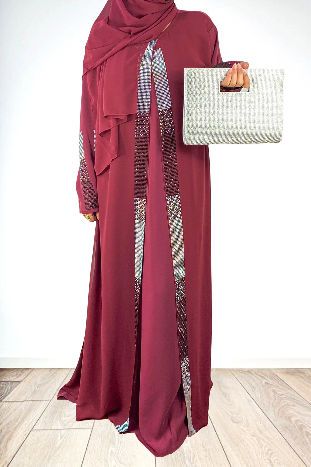 Luxury Black And Silver Rhinestone Double Layered Maroon Abaya-almanaar Islamic Store