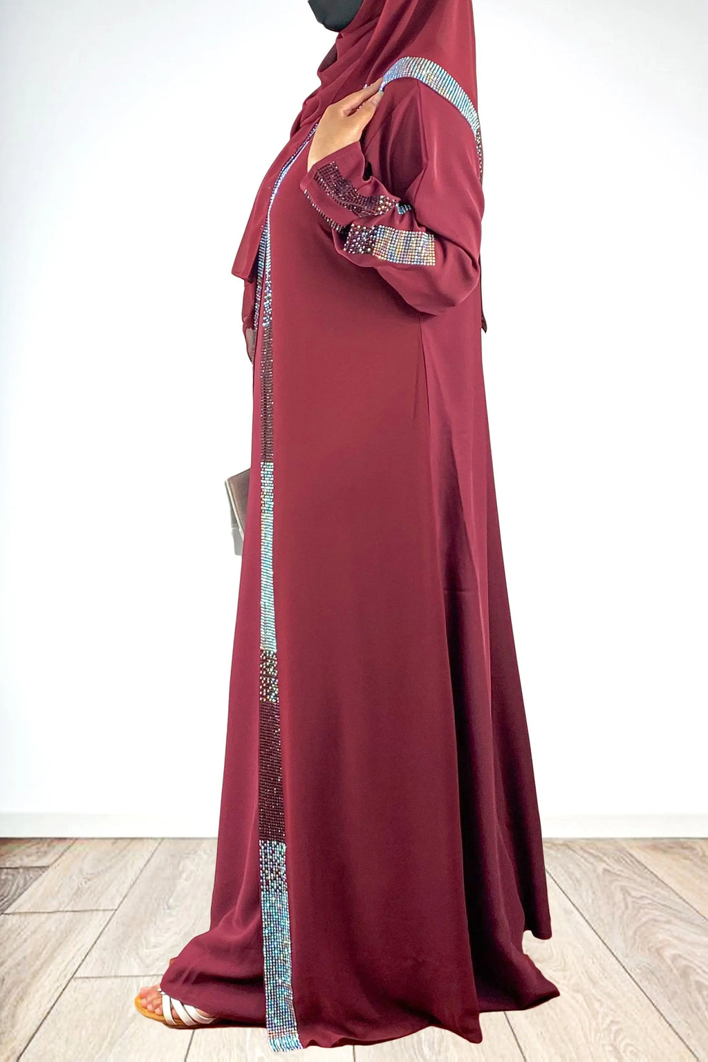 Luxury Black And Silver Rhinestone Double Layered Maroon Abaya-almanaar Islamic Store