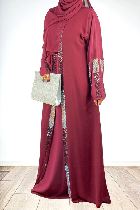 Luxury Black And Silver Rhinestone Double Layered Maroon Abaya-almanaar Islamic Store