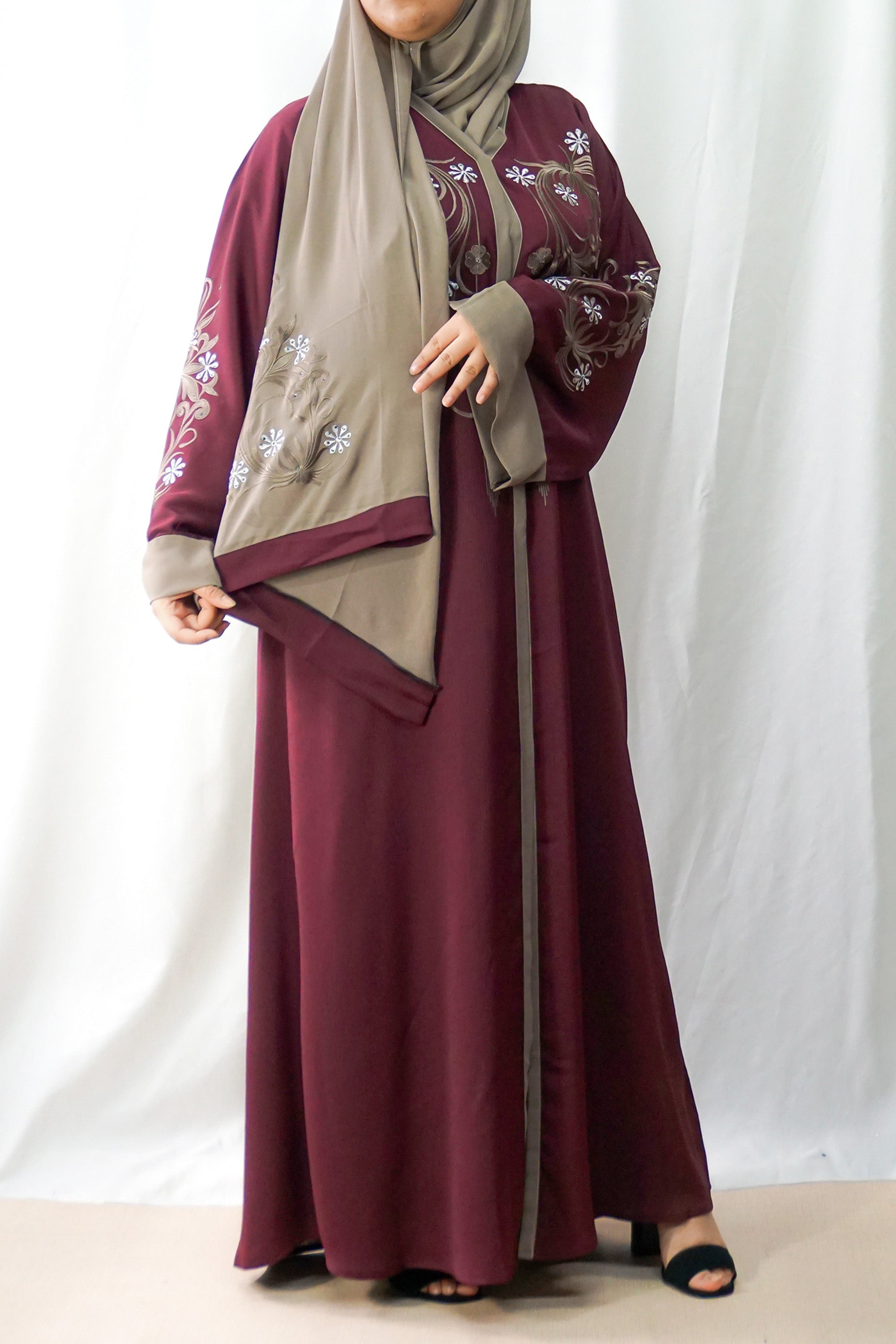 Maroon Exclusive Embroidered Open Abaya-almanaar Islamic Store