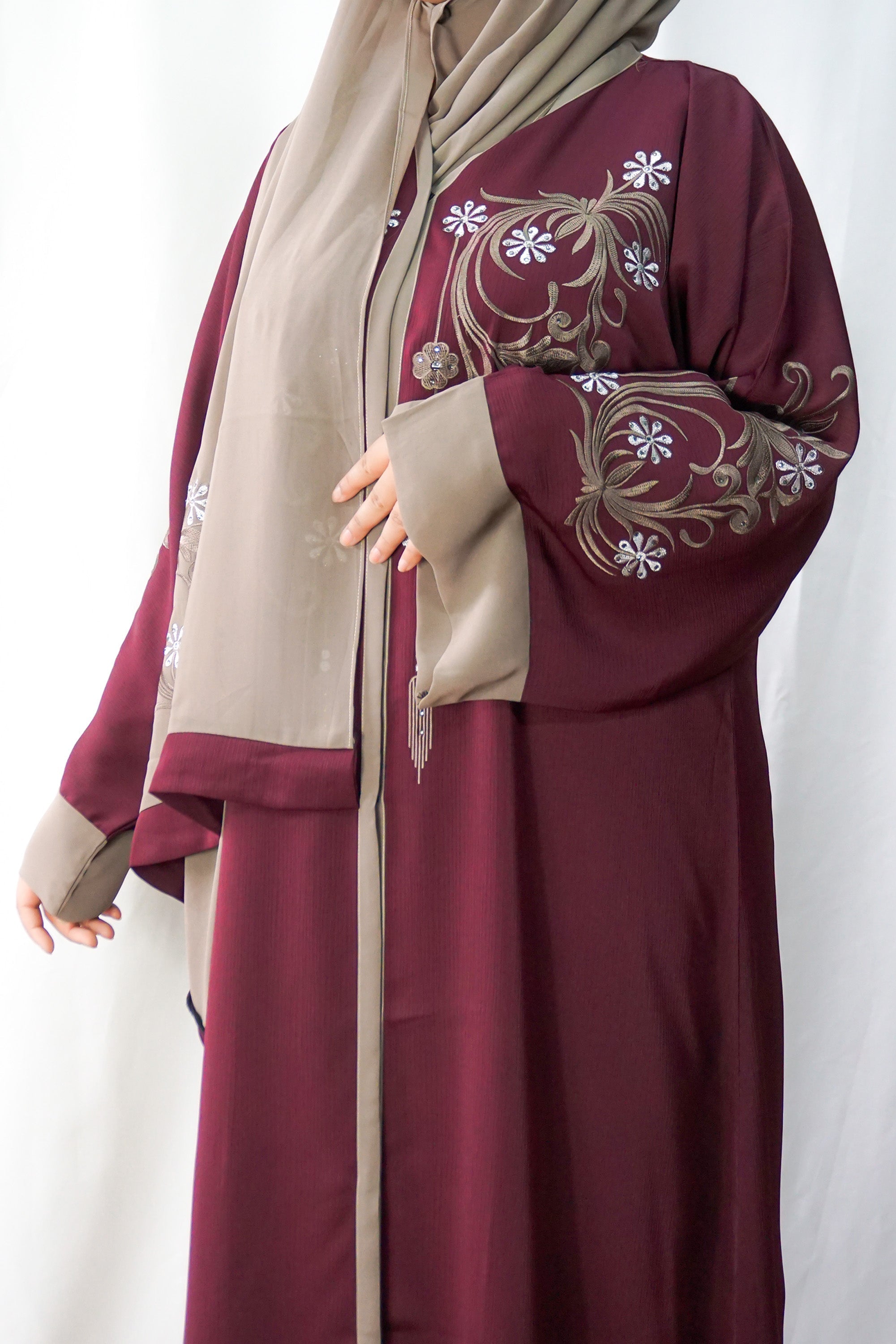 Maroon Exclusive Embroidered Open Abaya-almanaar Islamic Store