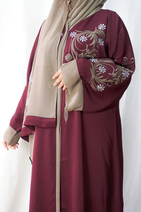 Maroon Exclusive Embroidered Open Abaya-almanaar Islamic Store