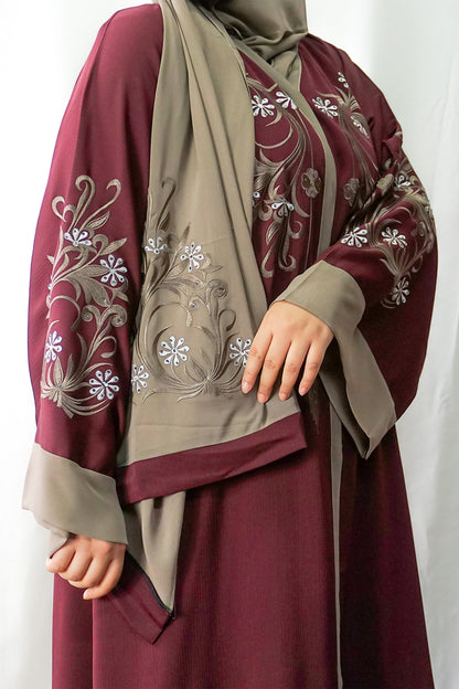 Maroon Exclusive Embroidered Open Abaya-almanaar Islamic Store