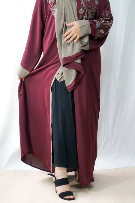 Maroon Exclusive Embroidered Open Abaya-almanaar Islamic Store