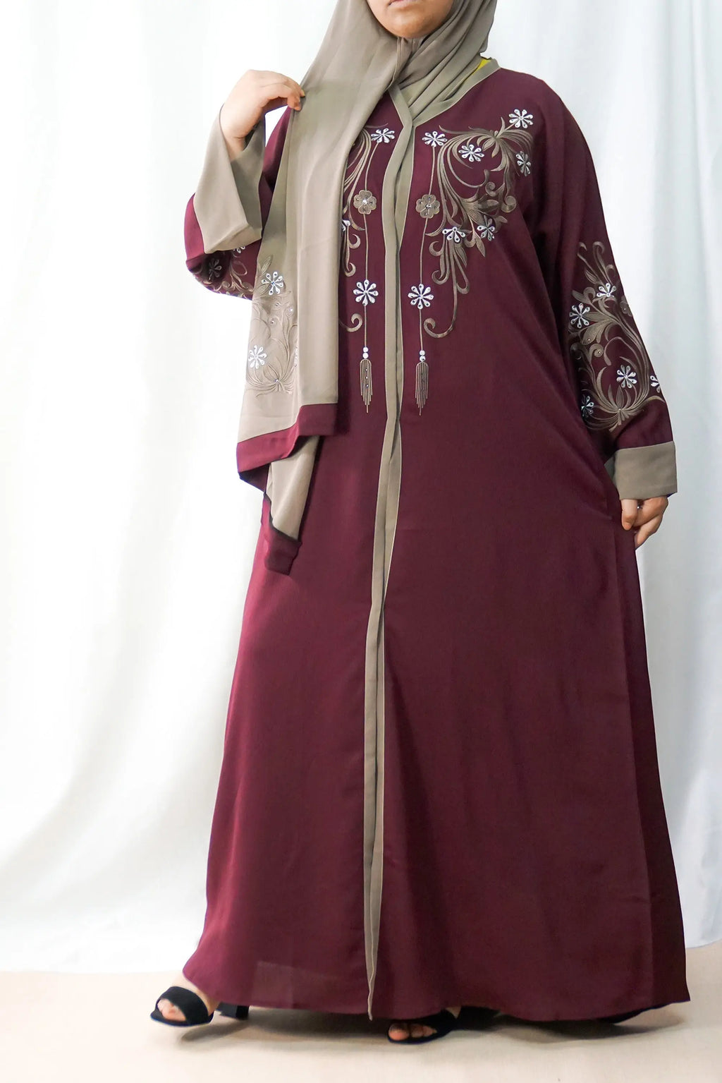 Maroon Exclusive Embroidered Open Abaya-almanaar Islamic Store