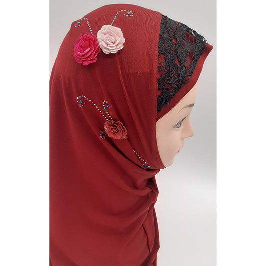 Maroon Fancy Three Flowers Design Pull on Hijab-almanaar Islamic Store