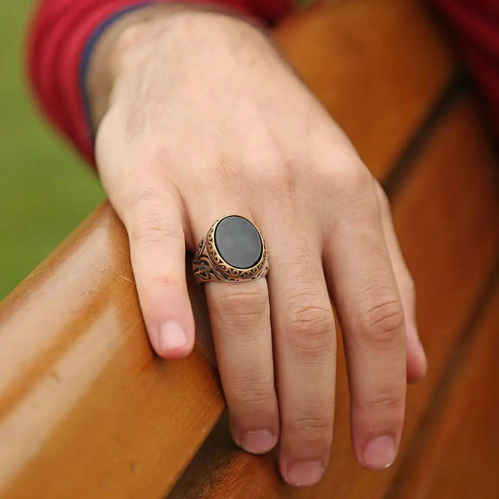 Men's Silver Ring (Black Oval Onyx )-almanaar Islamic Store