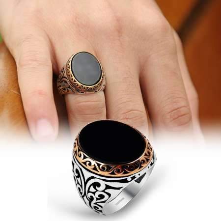 Men's Silver Ring (Black Oval Onyx )-almanaar Islamic Store