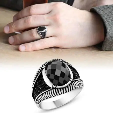 Men's Silver Ring (Zircon Stone Engraved Black Round Onyx Stone)-almanaar Islamic Store