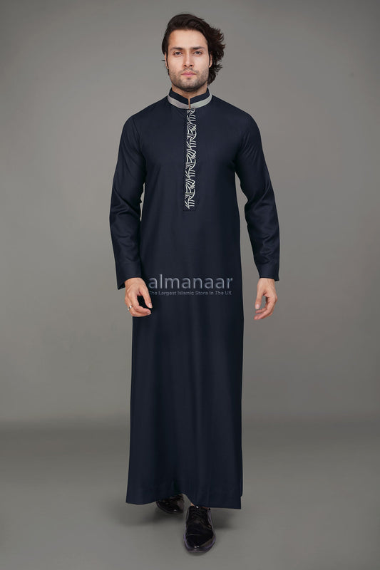 Navy Blue Luxury Thobe With Collar & Grey Embroidery-almanaar Islamic Store
