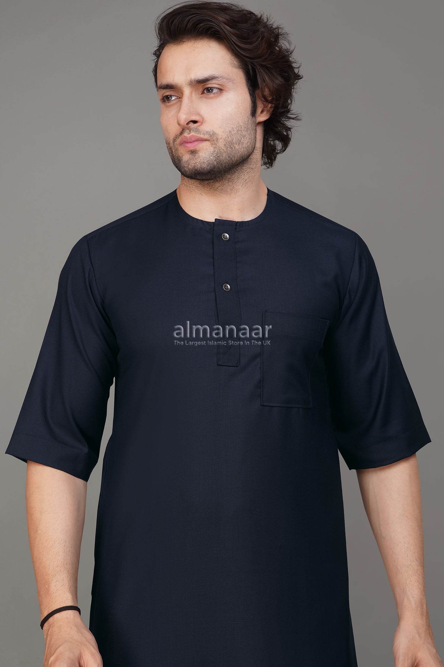 Navy Blue Short Sleeve Thobe With Buttons-almanaar Islamic Store